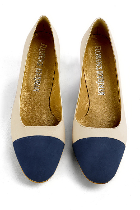 Navy blue and champagne white women's dress pumps,with a square neckline. Round toe. Medium block heels. Top view - Florence KOOIJMAN